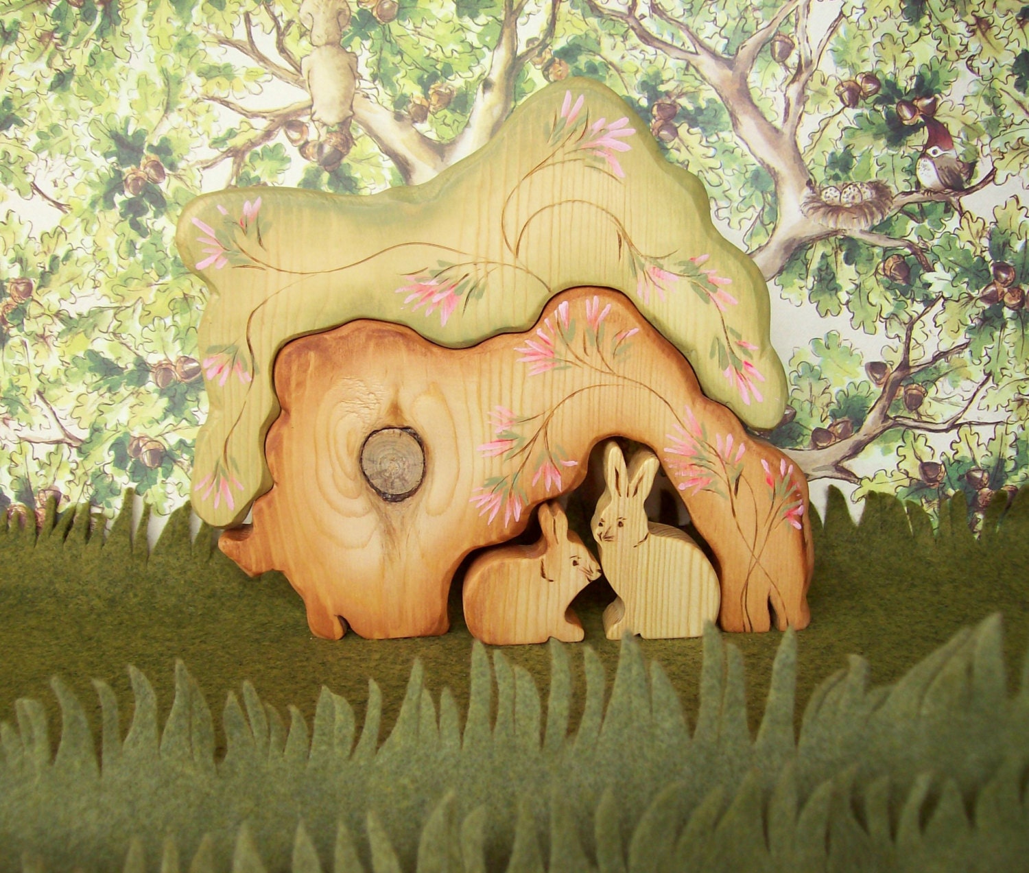 Wood Toy - Easter Bunnies - Secret hidden bunny tree - 4 piece set - Waldorf wooden toys - CeadarHillHeirlooms
