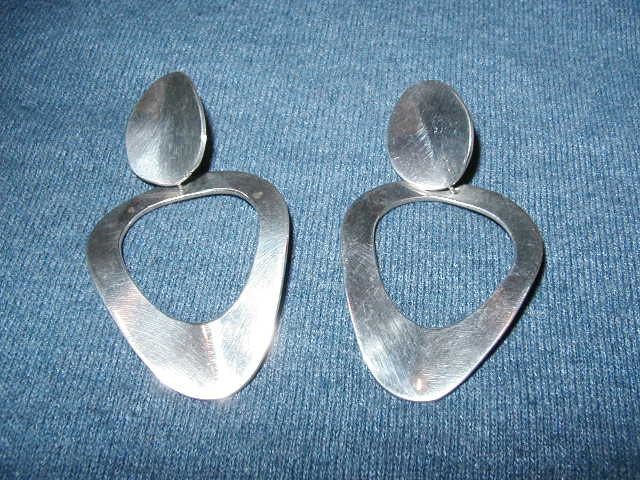 925 Sterling Silver Large Dangle Double Egg Shape Design Pierced Earrings 24.2 grams