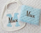 Personalized Gift Set of 1 Baby boy Bib with Appliqued INiTiaL in MiNKy and embroidered name and 1 burp cloth with name in Blue and Brown