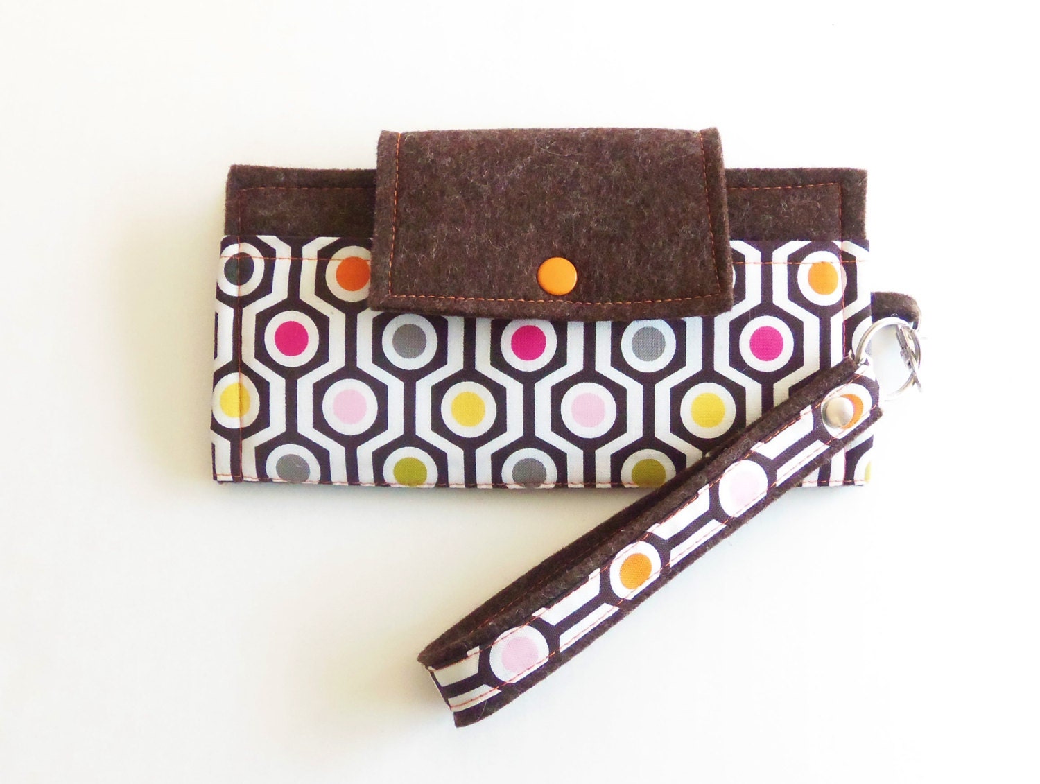 Cell Phone Wallet Checkbook Wallet 100% Merino Wool Felt with Cotton Honeycomb Modern Chocolate Brown White Fuchsia Orange
