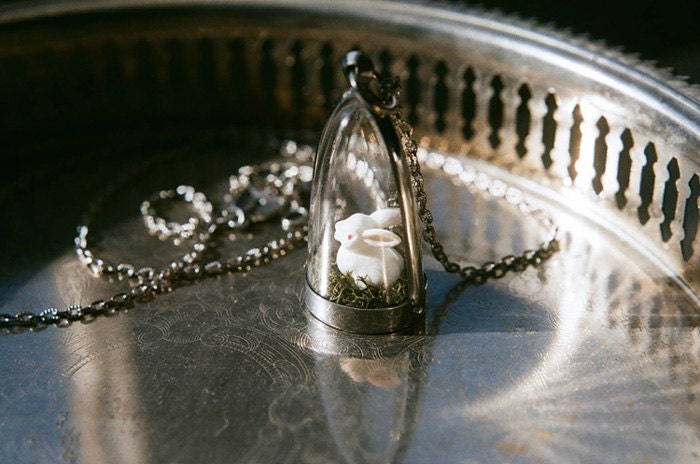 Follow the White Rabbit necklace. Tiny white bunny and moss enclosed in a glass case on long silver chain. Magical woodland