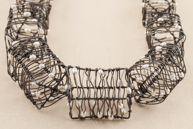 SALE: Wire Wrapped Necklace, Oxidized Silver, Black and White Pearl Boxes, Graduated Linked Cubes, woven wire baskets