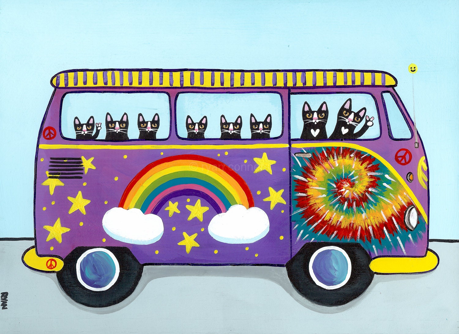 Rainbow Hippies VW Road Trip Original Cat Folk Art Painting