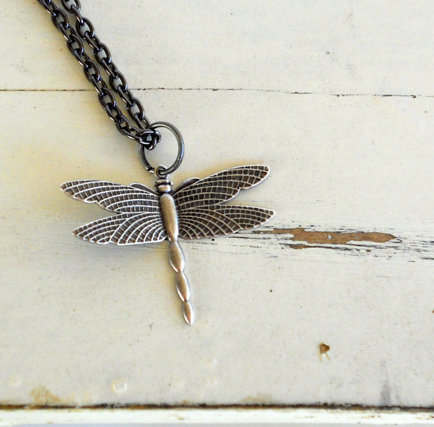 Dragonfly Charm Necklace. Silver. Steampunk.