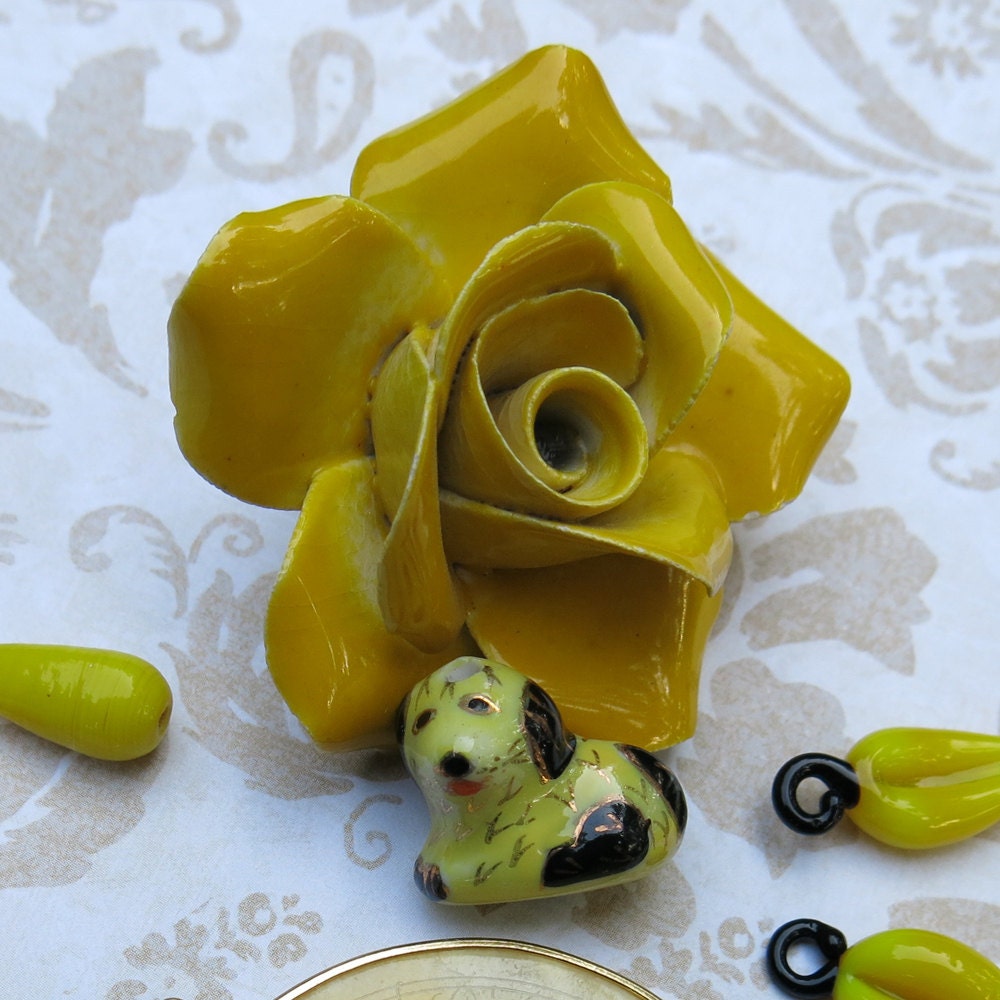 Jewelry Bits and Pieces, most vintage ... Yellow ... Porcelain rose, Aztec pendant, Southwest beads, blown glass charms, dog bead