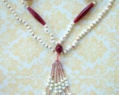 Vintage 1920s Flapper Necklace - Cranberry & Cream Glass - Beaded Hand Knotted - Tassel