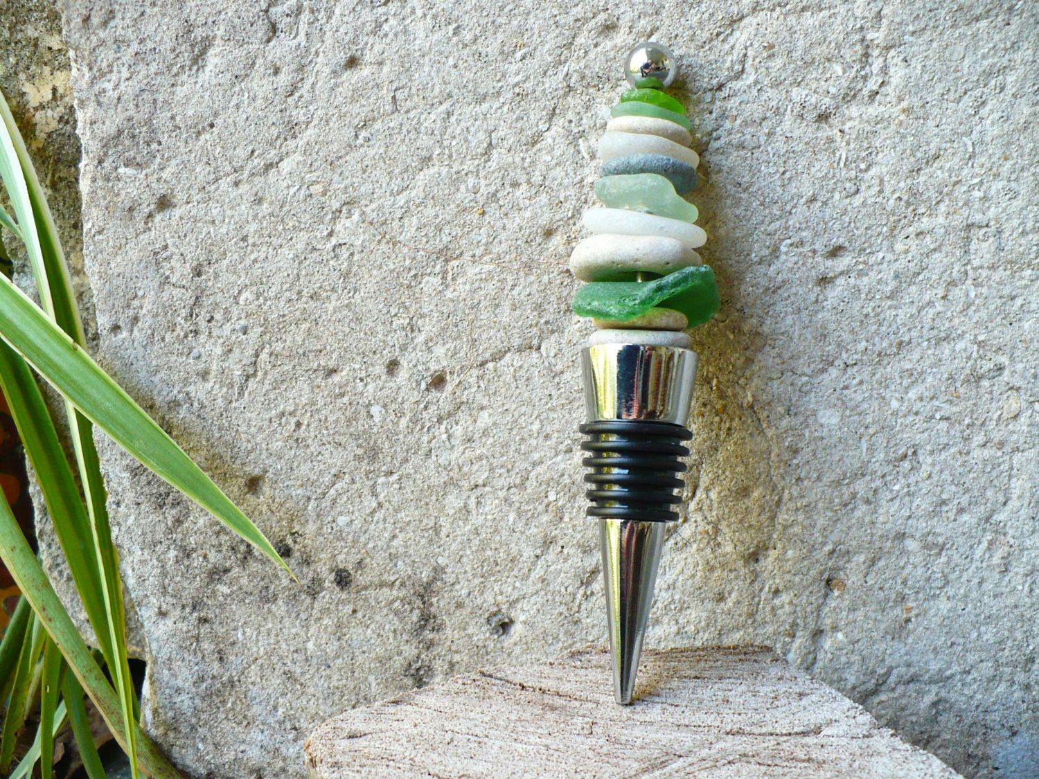 BOTTLE STOPPER...made with beach treasures-sea glass and stones - valentine gift guide-bar wedding wine