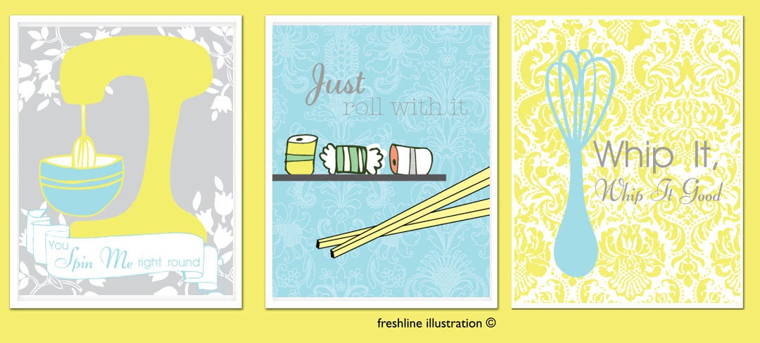Kitchen Wall Art - MIxer, Sushi, Whisk - Funny Signs - Three 8x10 Art Prints