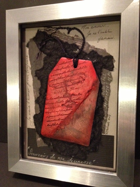 5x7 Original Mixed Media Collage Framed Souvenirs de ma jeunesse by Rebecca Salcedo RED FFAW EBSQ Artist Handmade Original Art