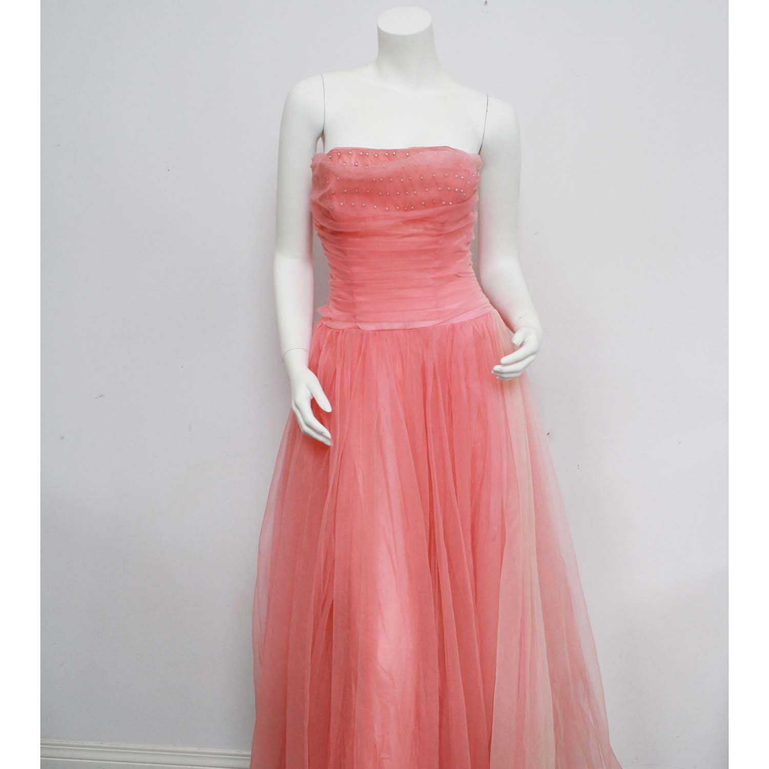 50's Vintage Pink Pearl Strapless Prom Dress