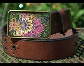 The Cheryl Belt - Leather Belt with Dark Green, Bold Pink Flower  Buckle