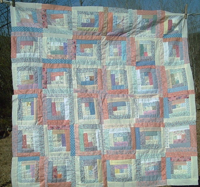 Scrappy Log Cabin pastel quilt top, for wall or crib quilt, table topper