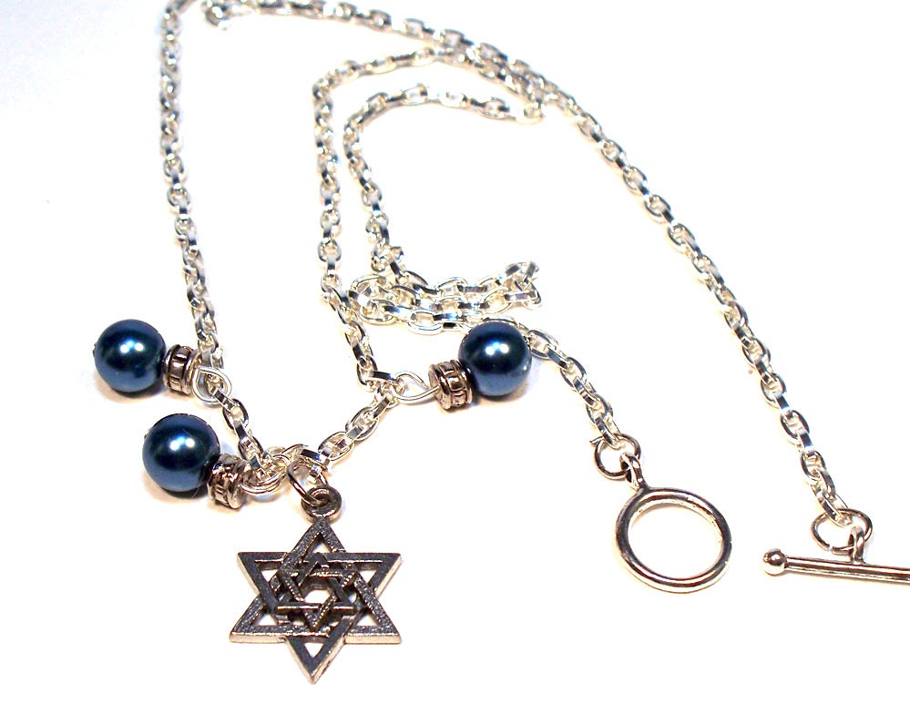 Jewish Star of David Blue Pearl Necklace