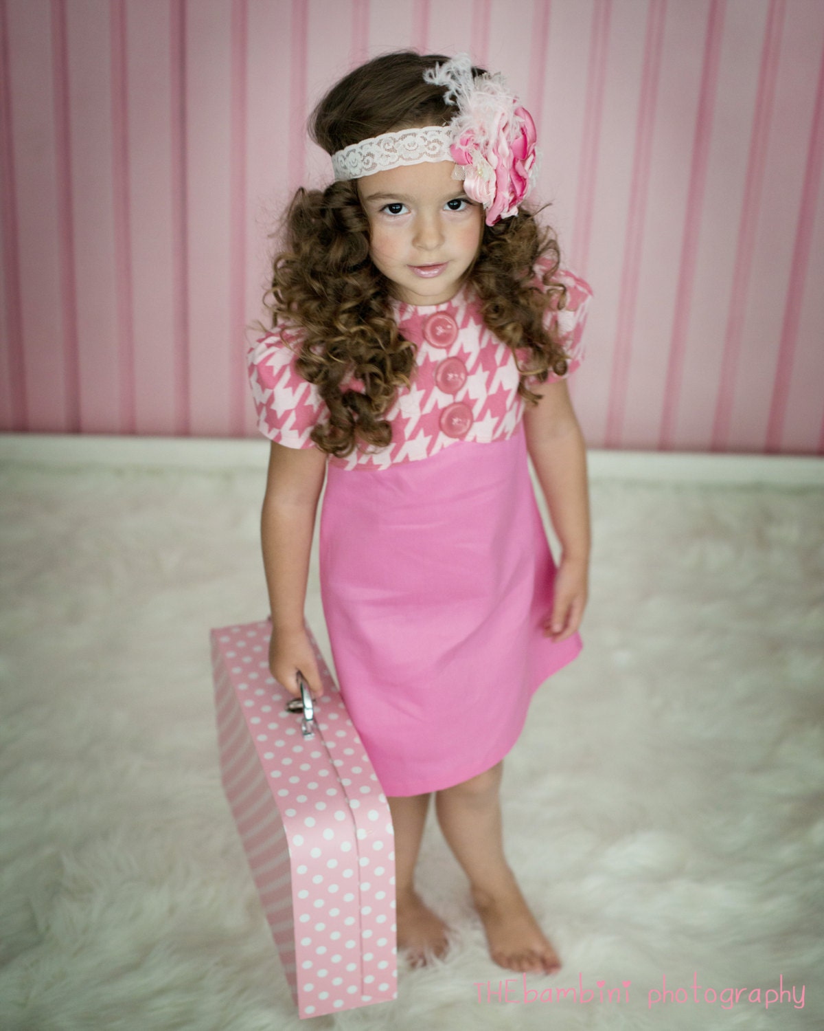 1960s Bubblegum Pink Houndstooth button dress childrens clothing