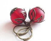 SALE Antique Brass Earrings with Ruby Red Sea Glass Rondelle Beads