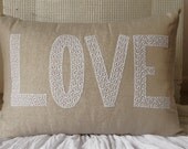 Appliqued Linen & Antique Lace LOVE Cushion