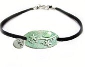 Cute Patina Bird Hand Stamped Wire Wrapped Black Leather Suede Engraved Initial Jewelry