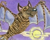 brindle Great Dane Dog bat Halloween Art ACEO Kim Loberg Fantasy Original