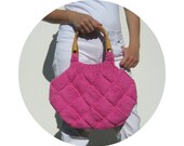 Hot Pink Beach Bag Knit in Cotton with Rattan Handles
