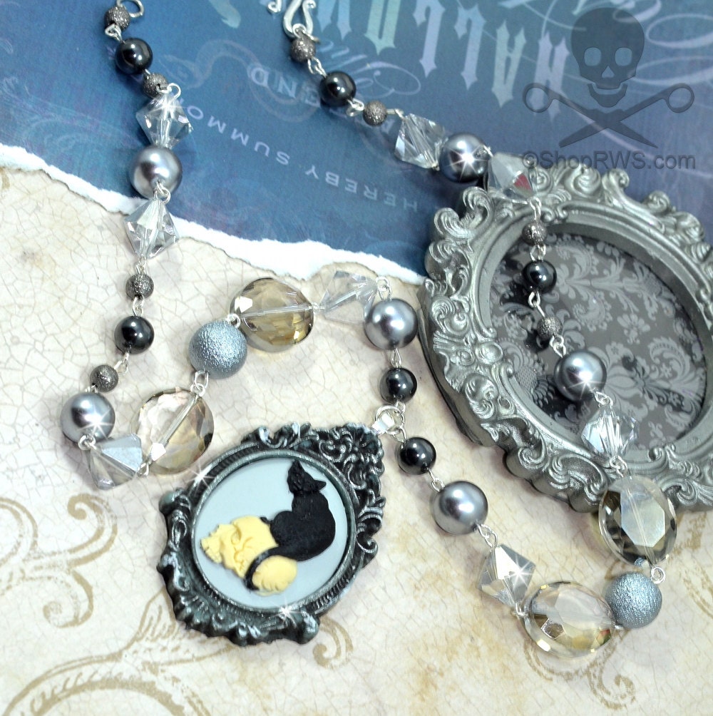 FELINE FATALE - Couture Black Cat and Skull Cameo Necklace In Soft Blue