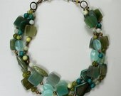 Evangelina Necklace (Green) - Triple Strand Green Agate, Olive Jade, Turquoise Magnesite, Aqua Quartz