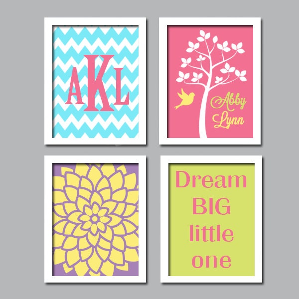 Colorful Custom Personalized Monogram Child Name LOVE Dream Tree Bird Nursery Print Artwork Set of 4 Prints Girl Wall Decor Chevron Flower