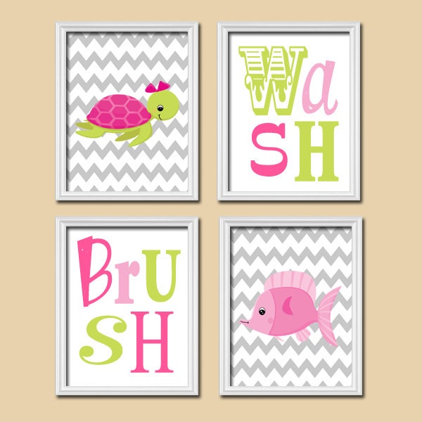 Nautical Wash Brush Girl Ocean Sea Pink Green Fish Turtle Cute Set of 4 Prints Wall Decor Art Child Bathroom Decor