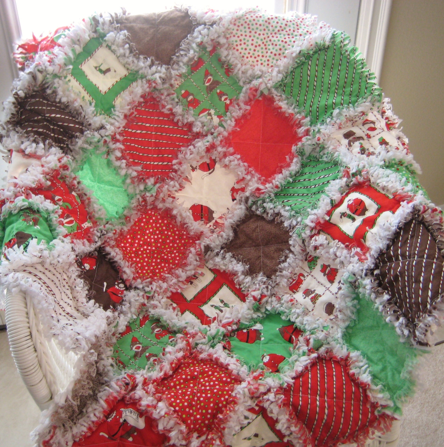 Rag Quilt Blanket - Christmas Sock Monkeys, Crib Size, Pet Size, Small Lap, Tree Skirt Alternative