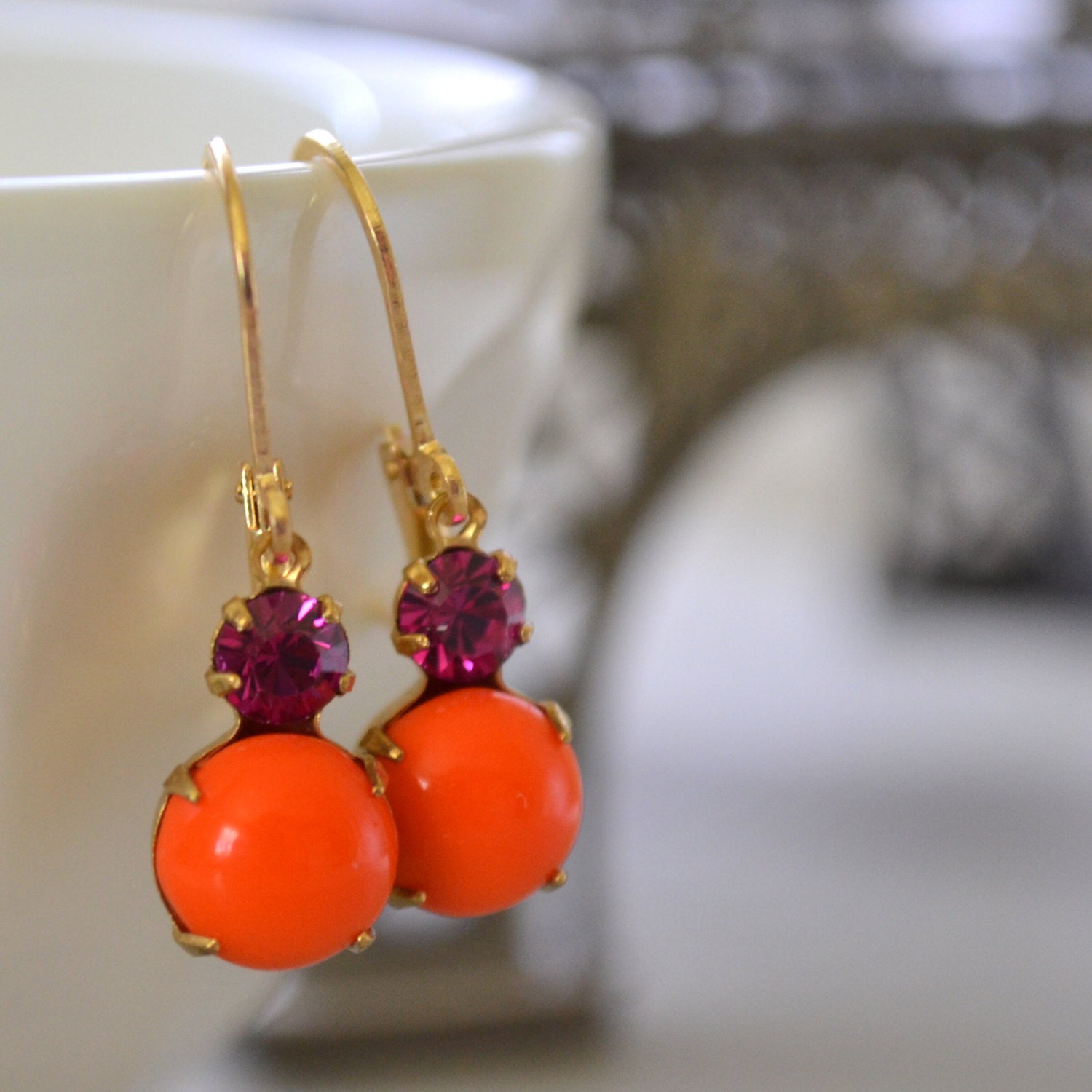 Orange and Fuchsia Glass Estate Earrings, Lever Back Brass, Vintage Hot Pink and Tangerine Rhinestone Earrings - leprintemps