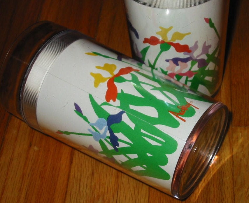 Vintage MOD 60s Audrey Colorful Iris Flower Plastic Tumbler Glasses Glass Pair