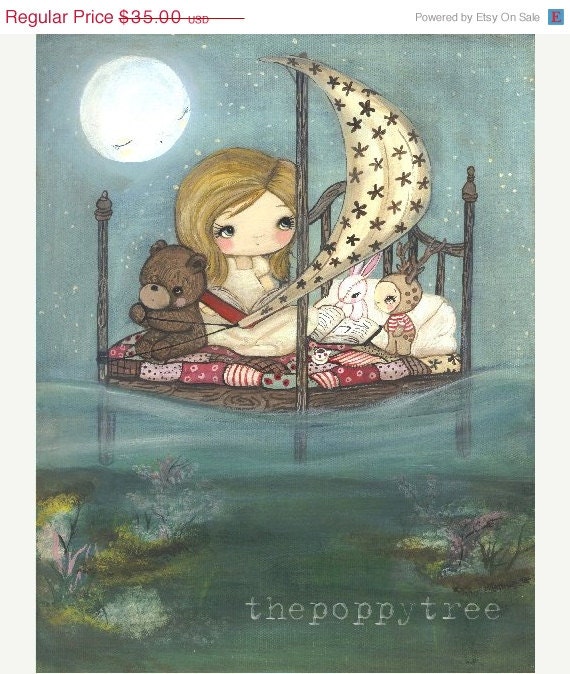 Sailer Print Girl Bear Rabbit Deer Animal Children Wall Art---My Bed is a Boat LARGE PRINT 11 x 14