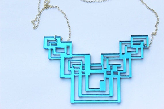 Geometric Necklace Sky Blue Mirrored Acrylic Tron Tech Inspired with Sterling Silver Chain