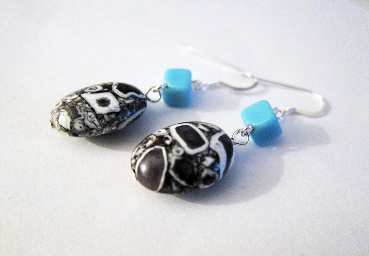 Black and White Mosaic Stone and Blue Vintage German Glass Earrings