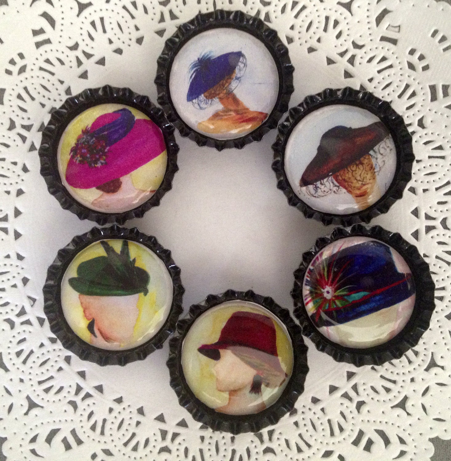 6 MAGNETS Bottlecap black lime green vintage women hats fashion  flowers rose Iris Magnolia buds lillies white purple leaf leaves