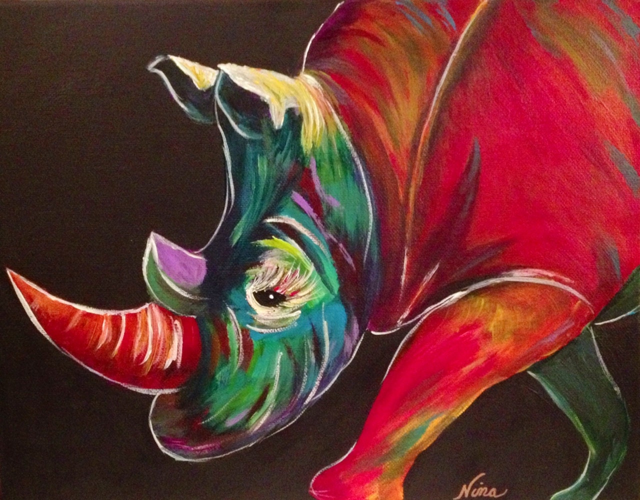 11x14 Rhinoceros multicolor Rhino rainbow animal zoo red original acrylic wrap around canvas green blue white