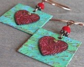 Heart earrings - mixed metal earrings - hand etched textured hand dyed copper earrings - Love notes