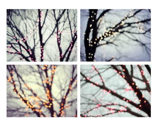 Photography Set  - Tree photography, sparkle, bokeh lights, blue wall art, twilight, dusk, nature photography,  Set of four 5x7 photographs