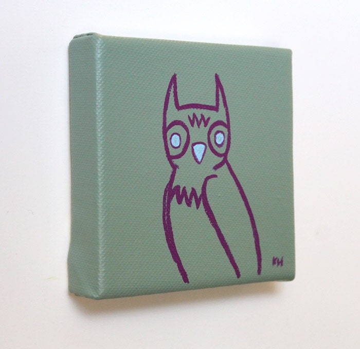 Owl - Green Sketch Painting - Original Wall Art Acrylic on Canvas 4 x 4