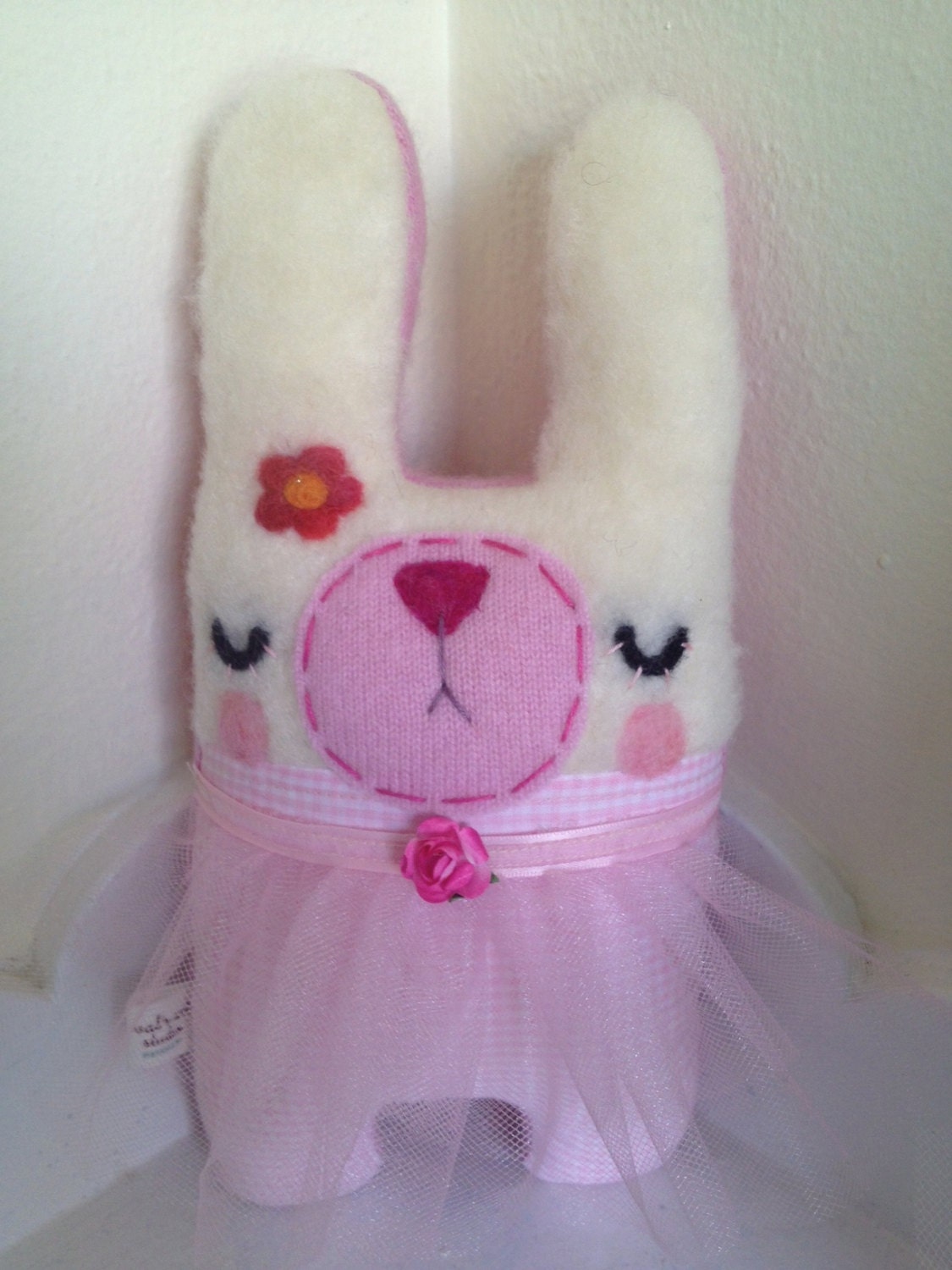 Honey Bunny Ballerina Friendly - Stuffed Plush Needle Felted and Embroidered Art Friend