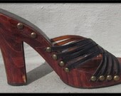 Vintage 1970s shoes studded heels wooden platforms leather sandals made in Italy Never Worn 10