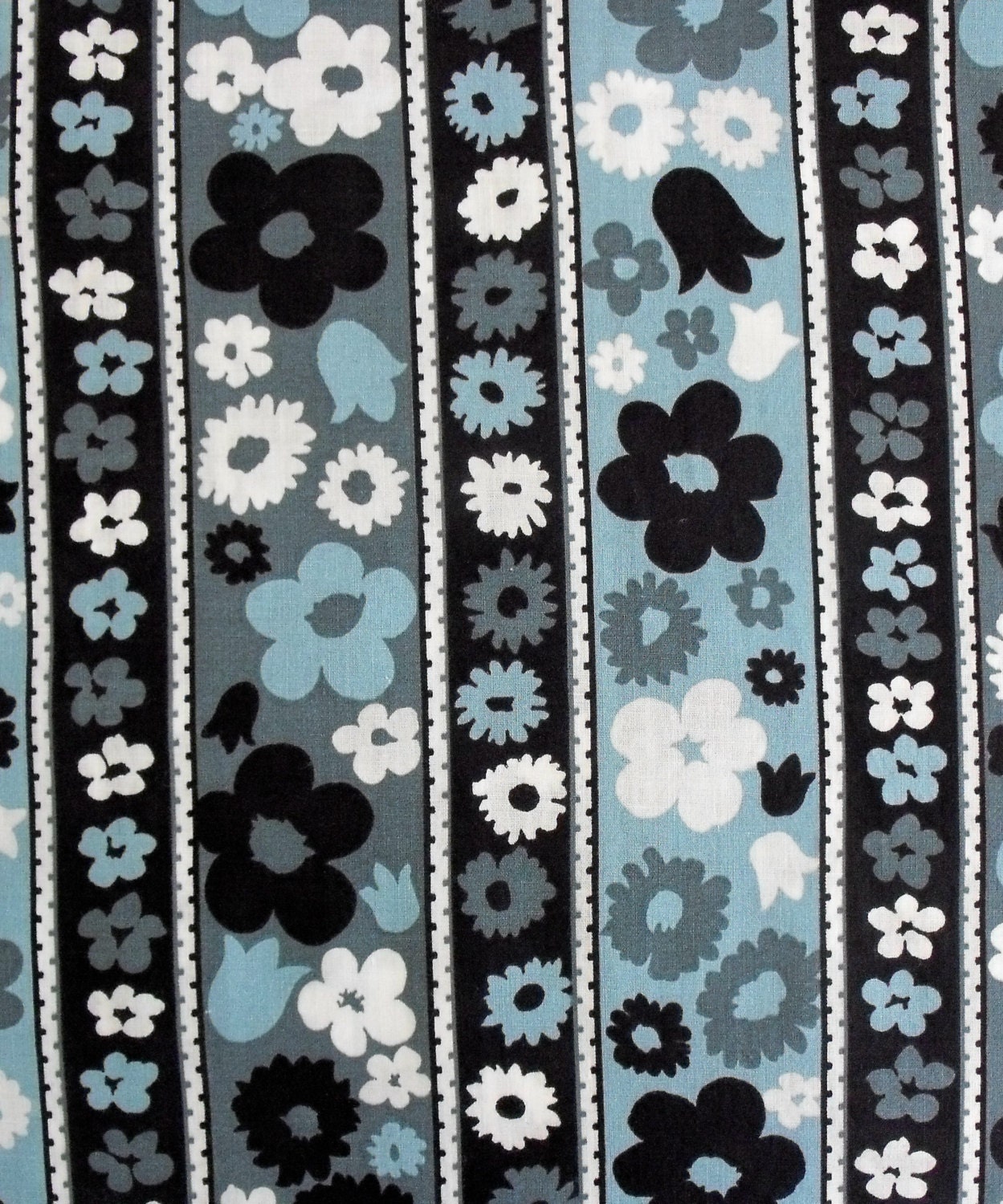 Fun 1960s vintage fabric, floral stripe in blue, gray, black and white, over 1 yard