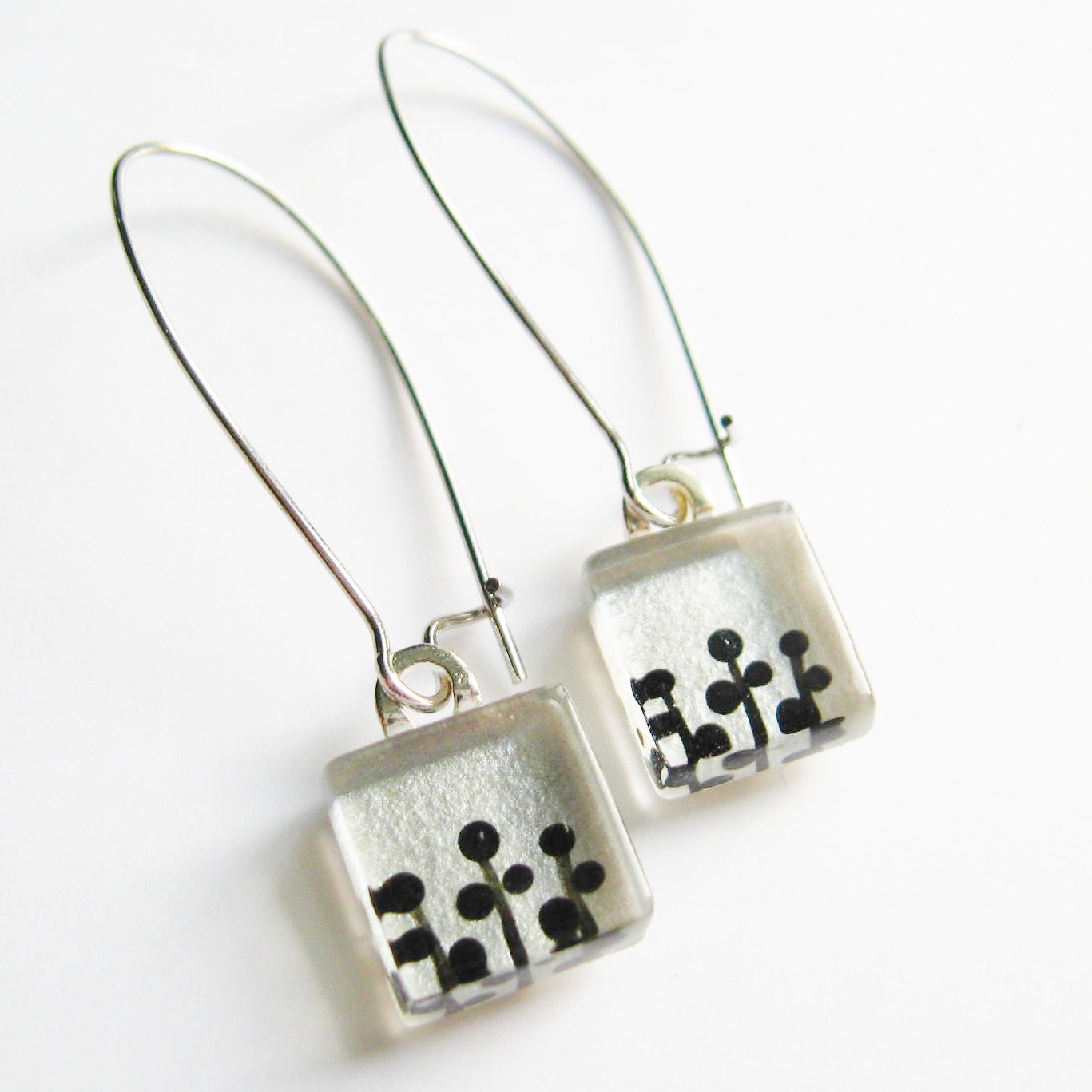Silver foliage earrings - hand painted glass -