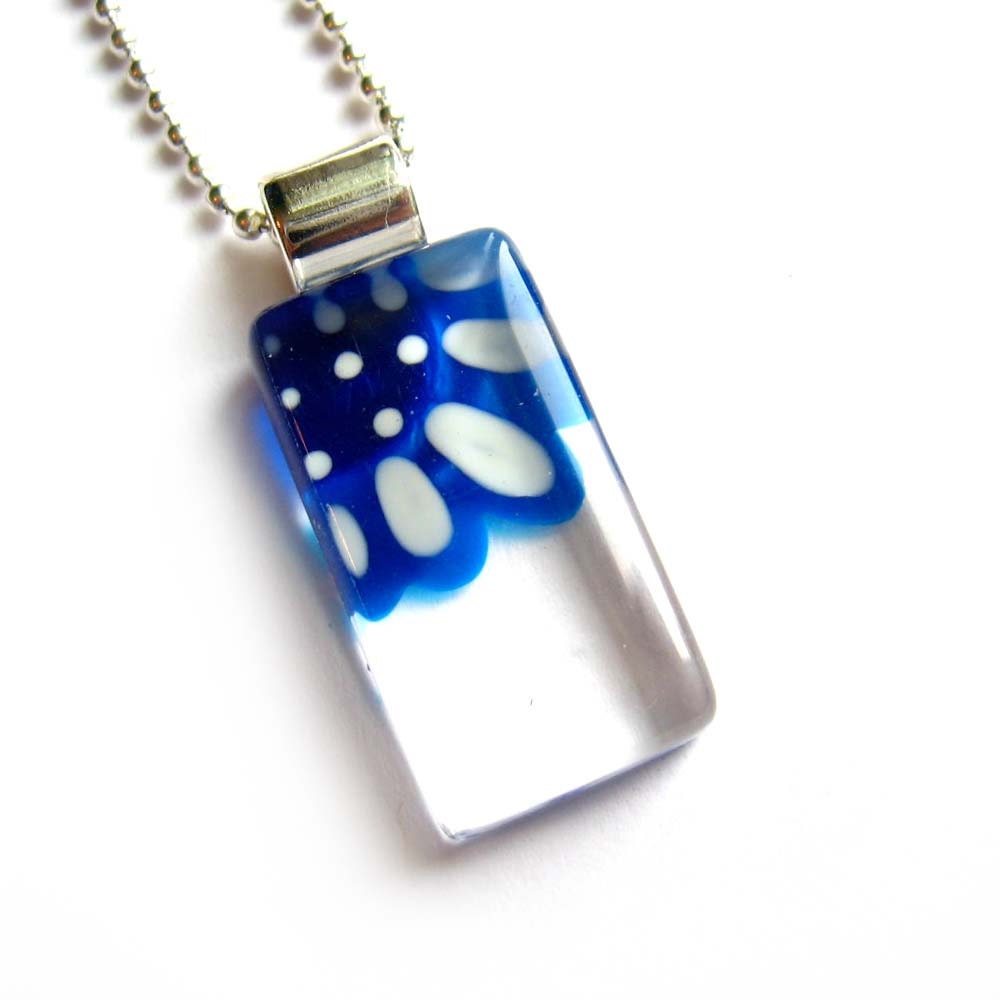 Blue and azure flower pendant - hand painted glass -