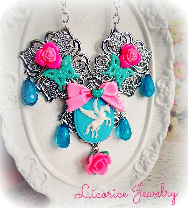 Chic Unicorn Pink Rose Filigree Bib Cameo Statement Necklace teal blue shabby flower butterfly retro vintage fantasy girly emo scene urban