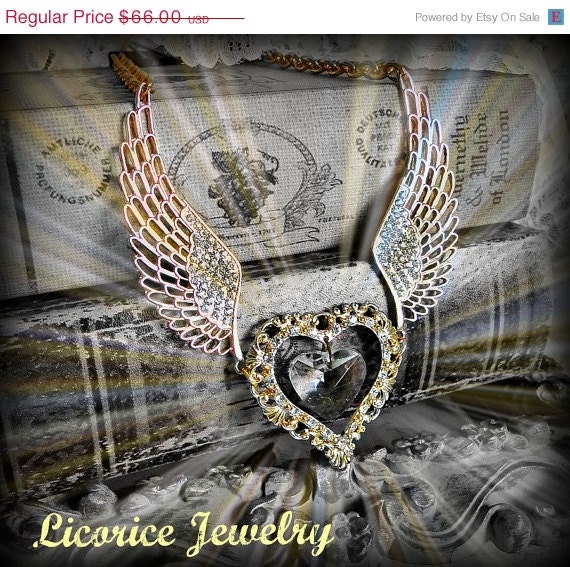 33% OFF  Sale Golden Flying Winged Crystal Heart  Choker Necklace Rhinestone Elegant Pinup Heart Goth Gothic Neovictorian Victorian steampu