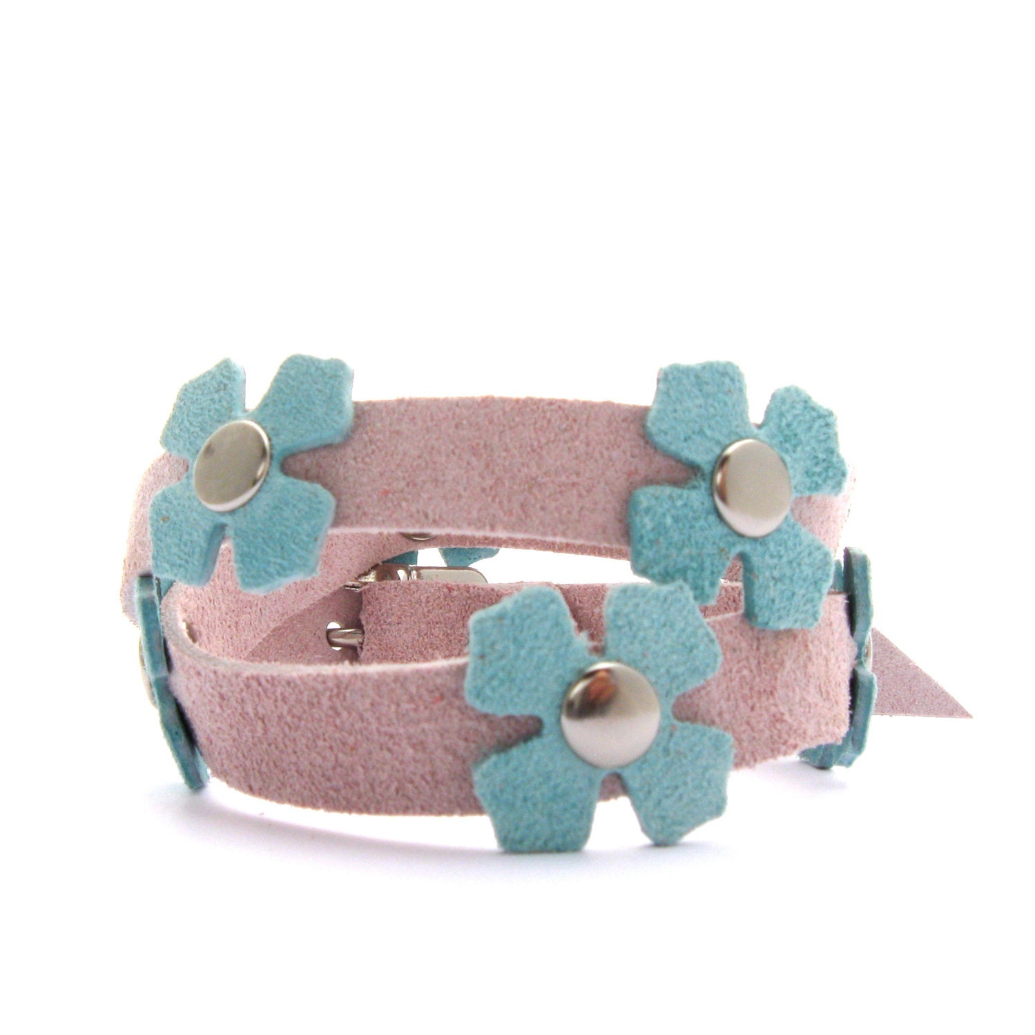 Spring Pastel Leather Wrap Bracelet, Robins Egg Blue and Pale Pink Suede Leather Wrap Flower Bracelet