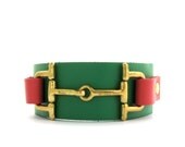 Preppy Equestrian Bright Spring Emerald Green  and Watermelon Pink Leather Cuff with Brass Accents