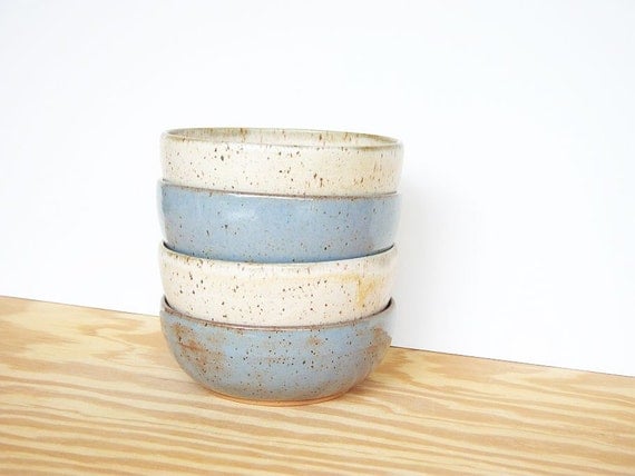 Rustic Collection Stoneware Pottery Bowl Set - Blue Shino and Satin Oatmeal Glazes