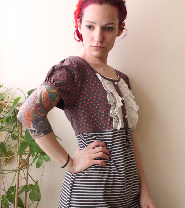 reconstructed babydoll striped vintage inspired dress with lace medium