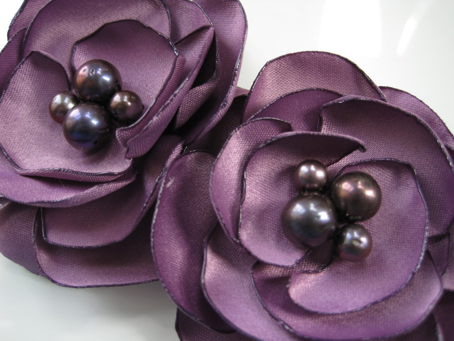 DOUBLE BLOOM fabric flower brooch  corsage pin in lavender matte satin with dyed pearls